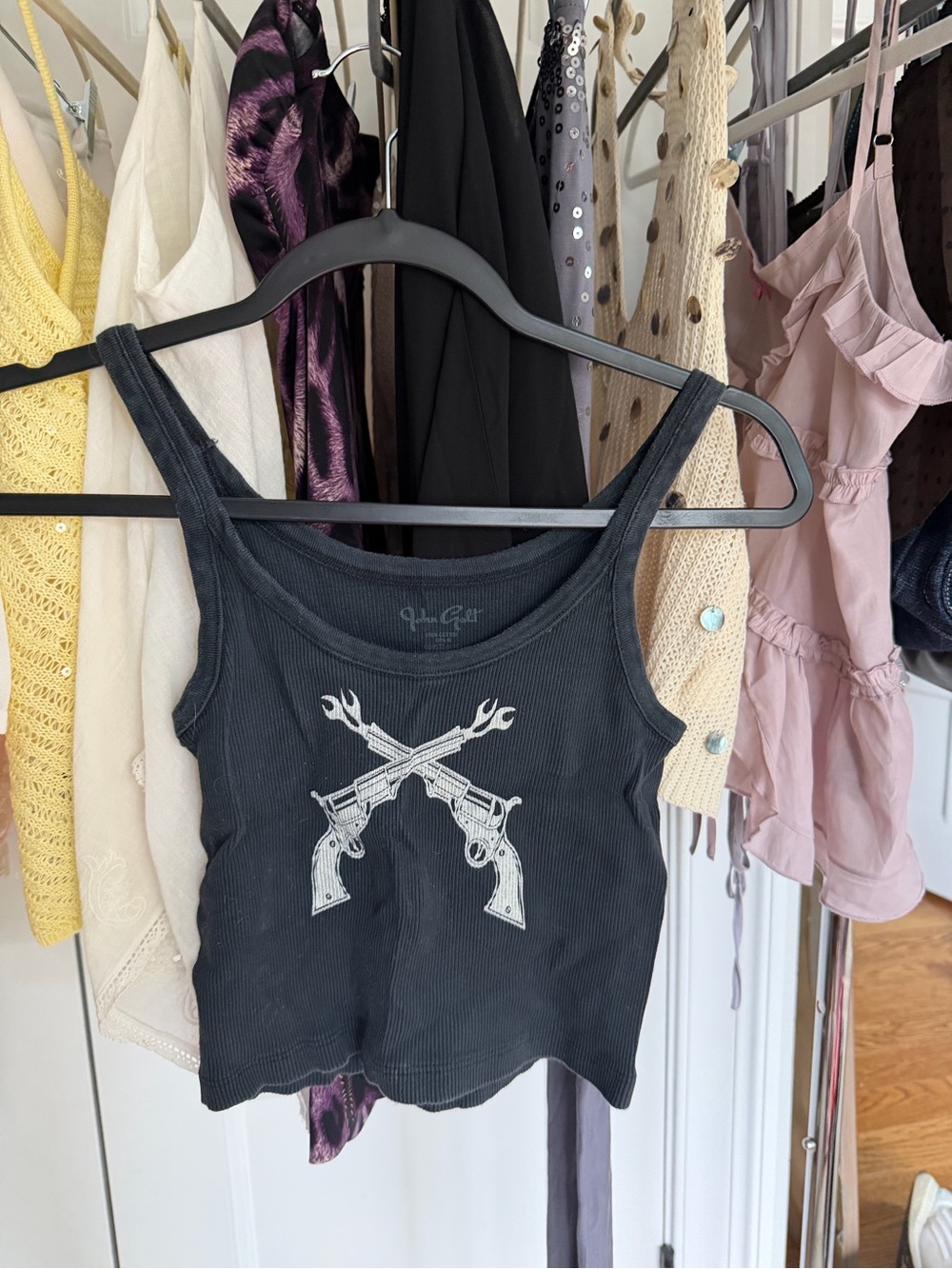 Brandy Melville Black Graphic Ribbed Tank Top with Crossed Revolver Print